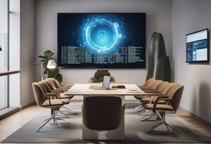 Ein modernes Konferenzzimmer mit High-Tech-Ausstattung, auf dessen gro&szlig;em Bildschirm eine futuristische Benutzeroberfl&auml;che mit Code-Elementen angezeigt wird, was auf die Entwicklung einer Bildergalerie mit PHP Open Source Software hindeutet. Der Raum ist stilvoll mit bequemen Sesseln, einem gro&szlig;en Konferenztisch, auf dem Tablets und Notebooks liegen, und Pflanzen, die eine angenehme Arbeitsatmosph&auml;re schaffen, eingerichtet.