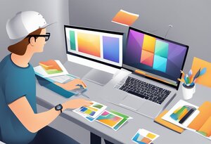 Ein Grafikdesigner arbeitet an der Erstellung einer Bildergalerie-Website an einem modernen Arbeitsplatz. Er sitzt vor einem Schreibtisch mit zwei geöffneten Laptops, die farbenfrohe Grafiken anzeigen. Um ihn herum sind gedruckte Farbpaletten und Designentwürfe verteilt. Ein weißer Becher mit Pinseln und Stiften deutet auf einen kreativen Prozess hin, während er aufmerksam auf die Bildschirme blickt und an einem Tablet zeichnet.