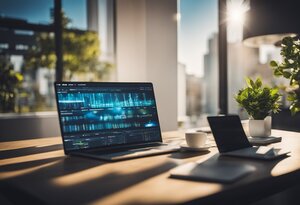 Ein Laptop auf einem Holztisch zeigt komplexe Daten und Codes, die die Grundlagen von PHP Open Source widerspiegeln. Sonnenlicht str&ouml;mt durch das Fenster eines B&uuml;ros mit Stadtblick und beleuchtet die Arbeitsfl&auml;che, auf der auch eine Tasse Kaffee, ein Tablet und eine Pflanze zu sehen sind, was eine produktive und moderne Arbeitsumgebung suggeriert.
